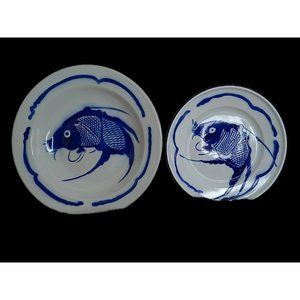 Goldfish Brand Lot Of 2 Enamelware Plates Koi Fish 10" & 8" Vintage Blue & White